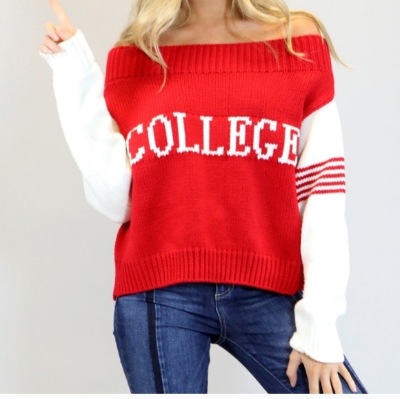 Judith March Red College Sweater Sz Large Women's Boatneck Scoop LS - Picture 2 of 5